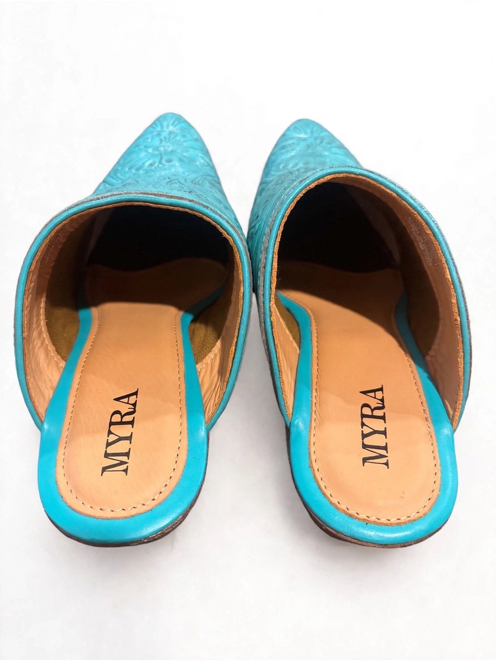 Myra Bag Turquoise Tooled Leather Slip-On Mules size 8 - Picture 2 of 3